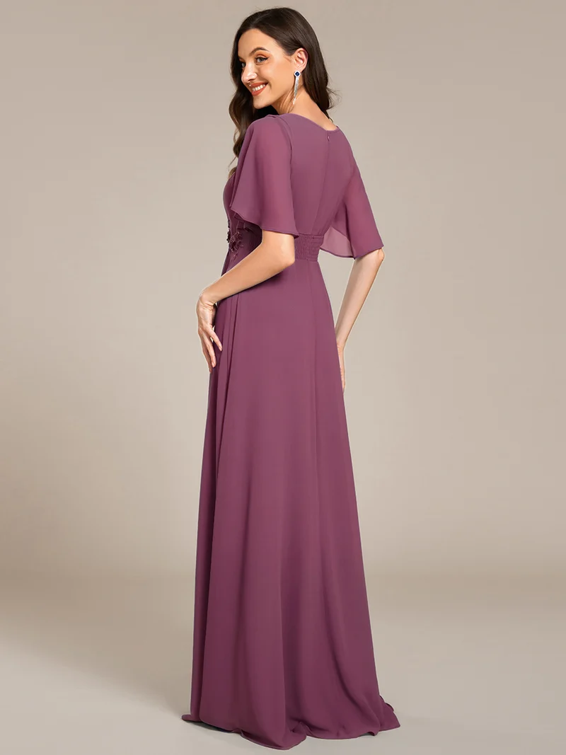 ever ASPYN|Robe de soirée trapèze à manches courtes et appliques plissées
