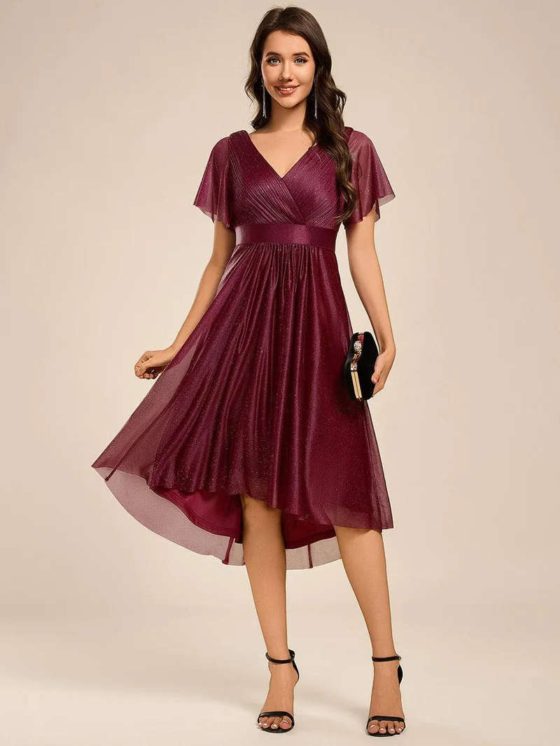 ever SOL|Robe d'invitée de mariage mi-longue plissée à manches courtes et col en V