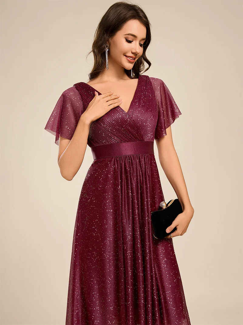 ever SOL|Robe d'invitée de mariage mi-longue plissée à manches courtes et col en V