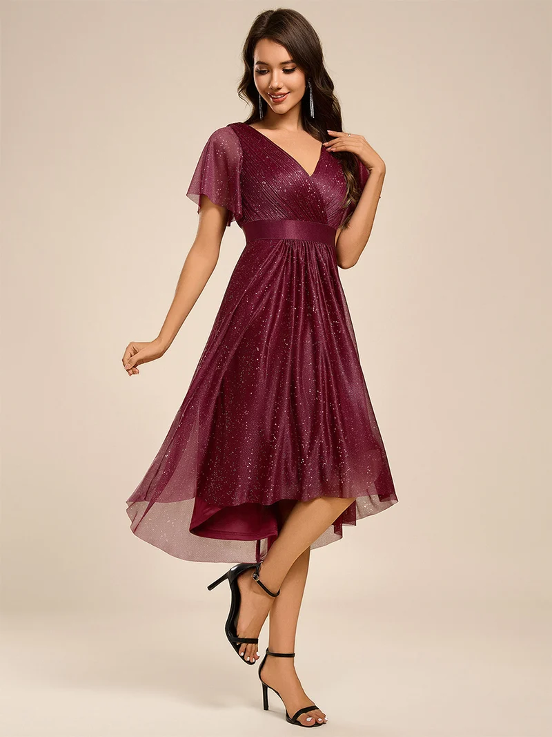ever SOL|Robe d'invitée de mariage mi-longue plissée à manches courtes et col en V