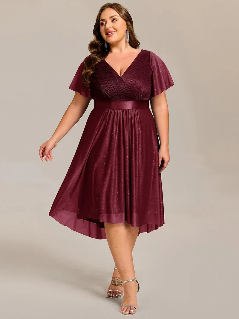 ever SOL|Robe d'invitée de mariage mi-longue plissée à manches courtes et col en V