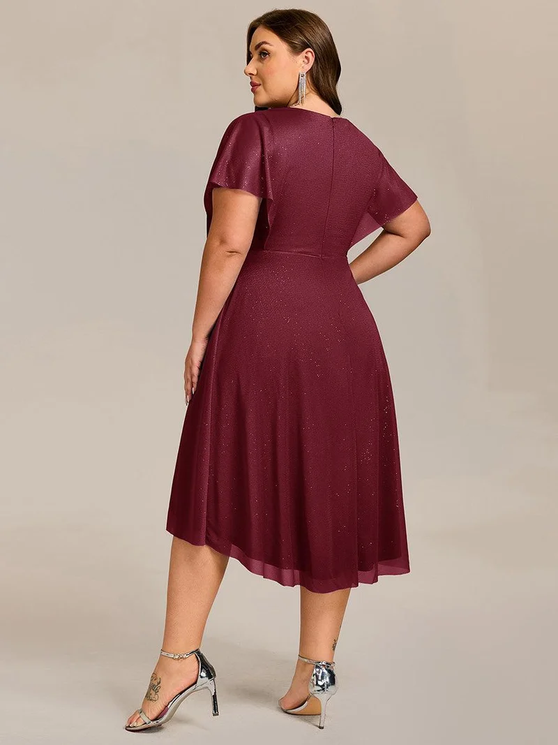 ever SOL|Robe d'invitée de mariage mi-longue plissée à manches courtes et col en V