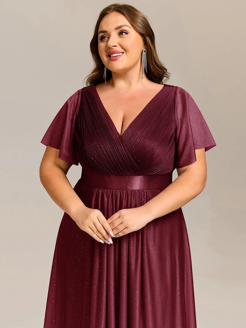 ever SOL|Robe d'invitée de mariage mi-longue plissée à manches courtes et col en V