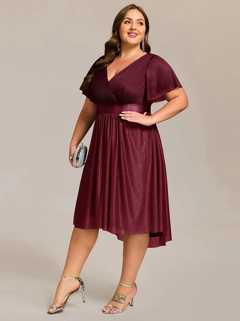 ever SOL|Robe d'invitée de mariage mi-longue plissée à manches courtes et col en V