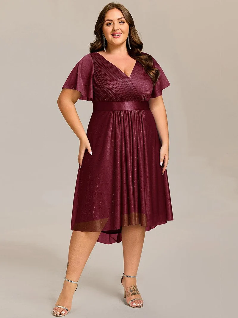 ever SOL|Robe d'invitée de mariage mi-longue plissée à manches courtes et col en V