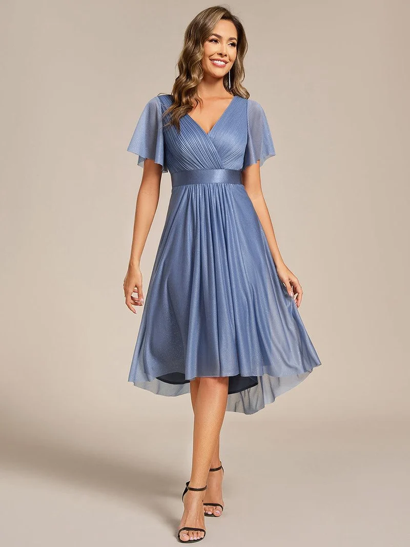 ever SOL|Robe d'invitée de mariage mi-longue plissée à manches courtes et col en V