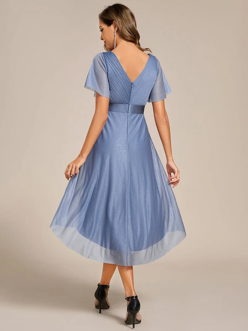 ever SOL|Robe d'invitée de mariage mi-longue plissée à manches courtes et col en V