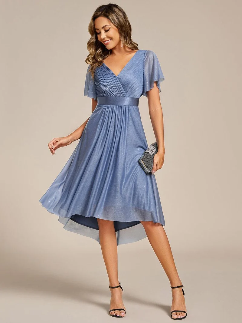 ever SOL|Robe d'invitée de mariage mi-longue plissée à manches courtes et col en V