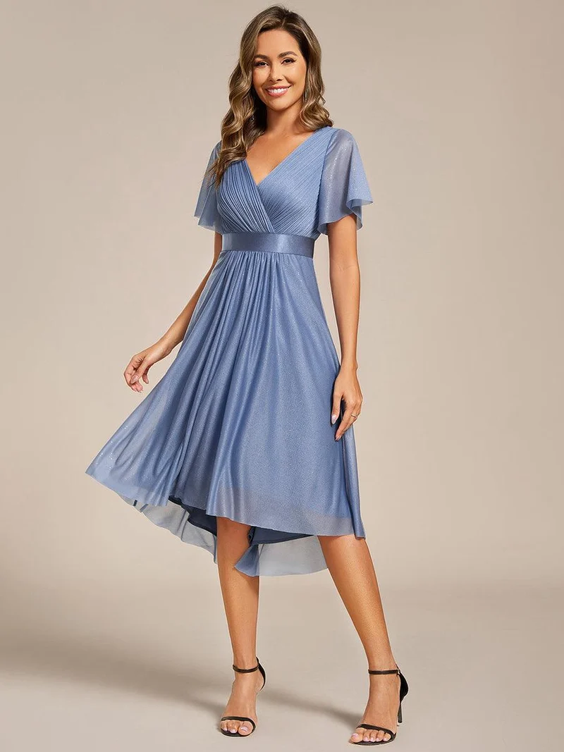 ever SOL|Robe d'invitée de mariage mi-longue plissée à manches courtes et col en V