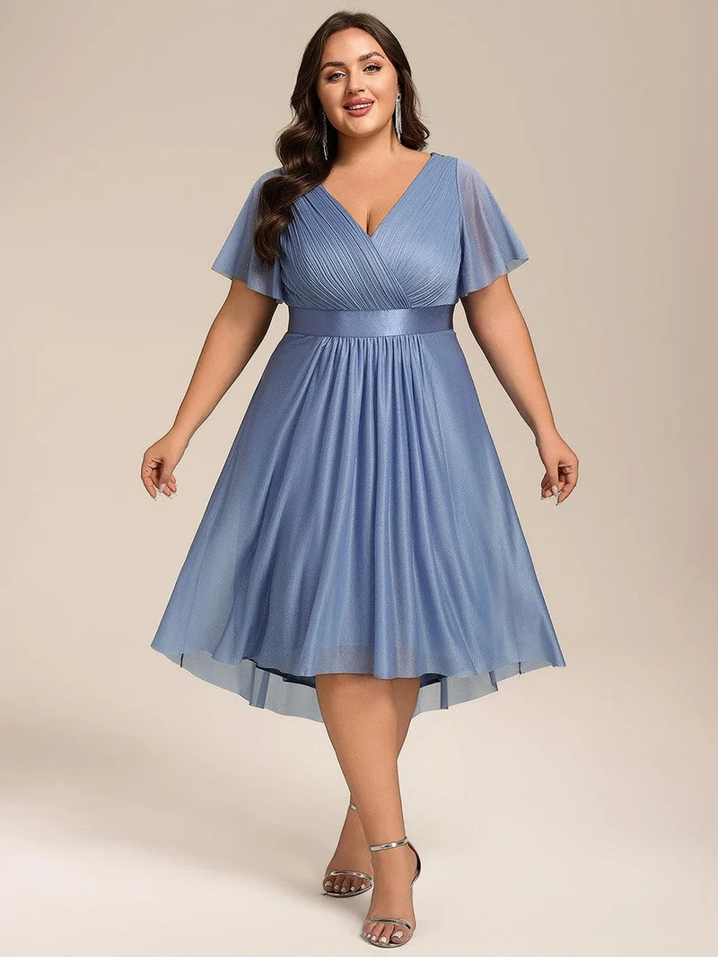 ever SOL|Robe d'invitée de mariage mi-longue plissée à manches courtes et col en V