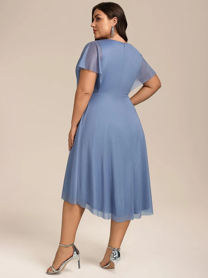 ever SOL|Robe d'invitée de mariage mi-longue plissée à manches courtes et col en V