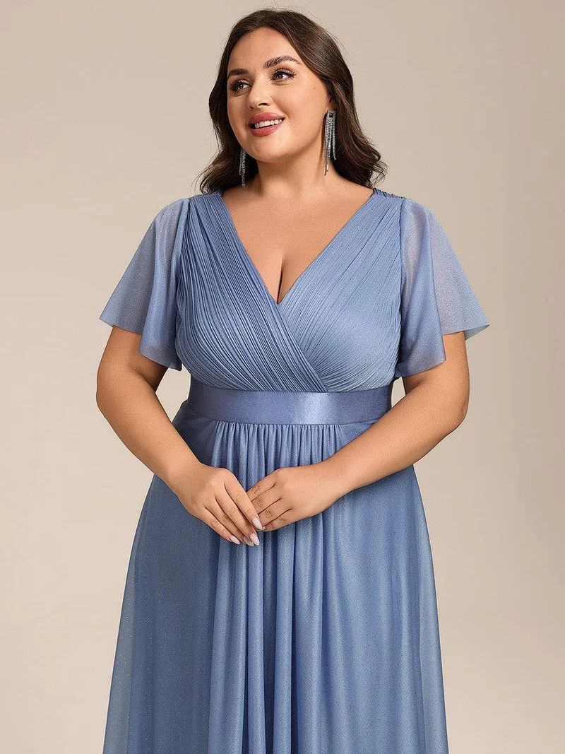 ever SOL|Robe d'invitée de mariage mi-longue plissée à manches courtes et col en V