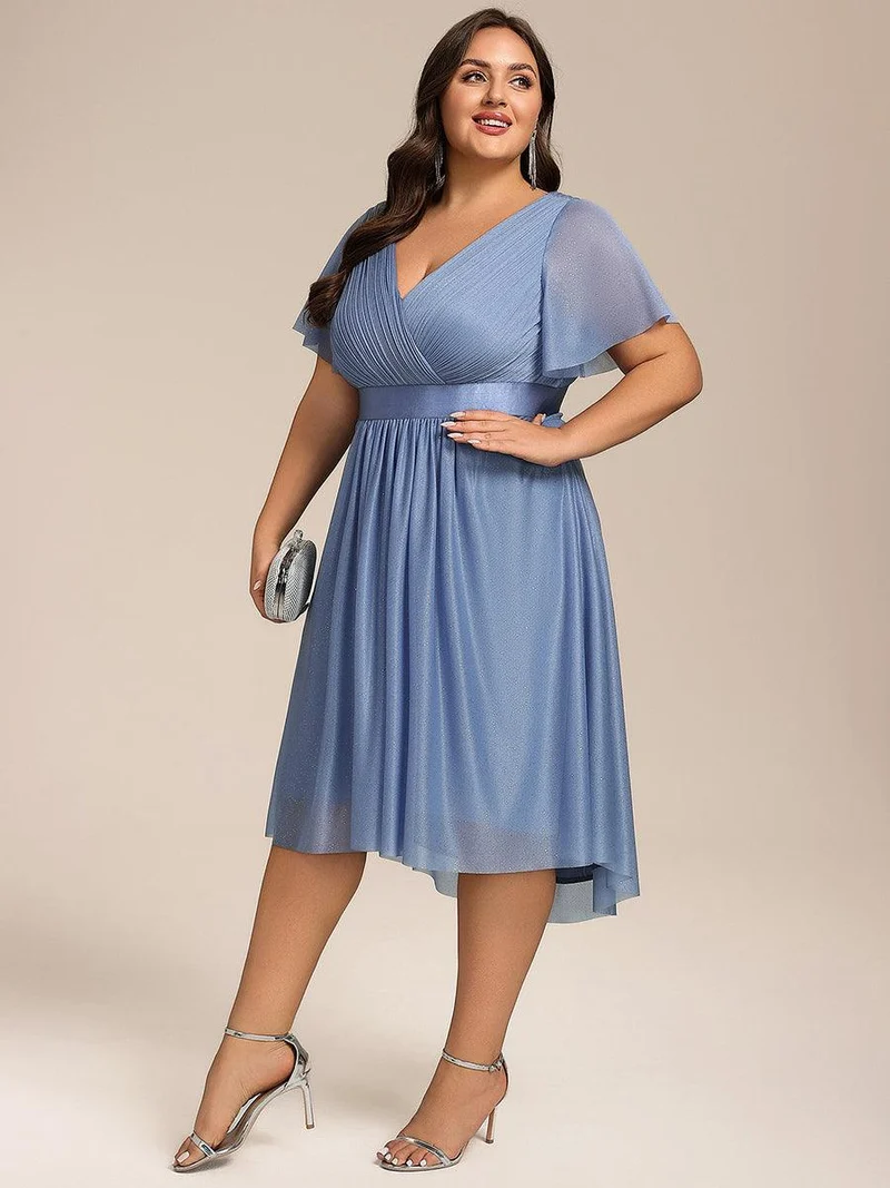 ever SOL|Robe d'invitée de mariage mi-longue plissée à manches courtes et col en V