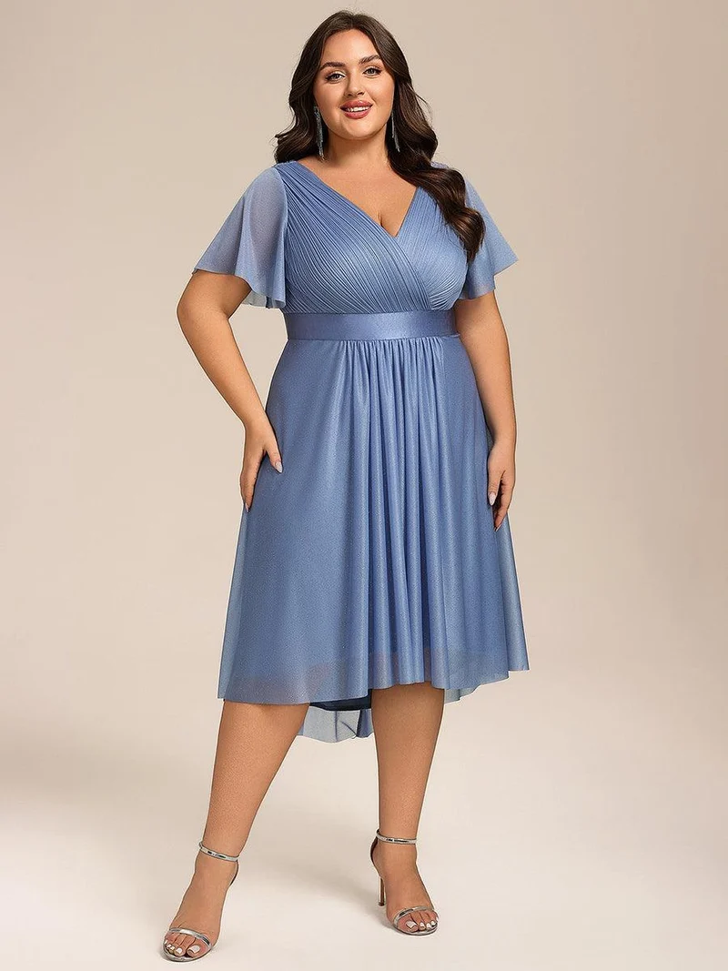 ever SOL|Robe d'invitée de mariage mi-longue plissée à manches courtes et col en V