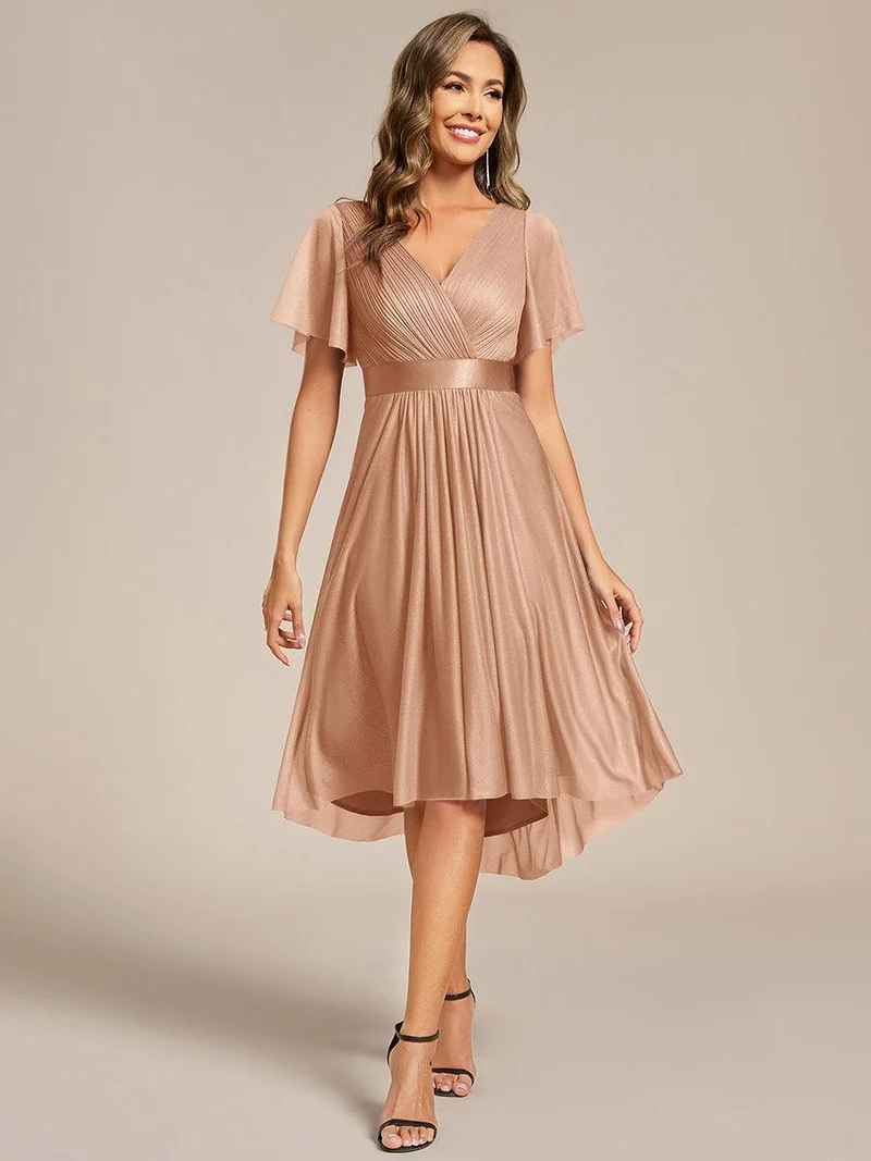 ever SOL|Robe d'invitée de mariage mi-longue plissée à manches courtes et col en V