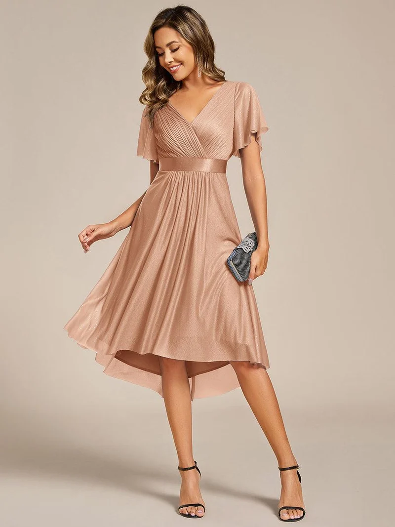 ever SOL|Robe d'invitée de mariage mi-longue plissée à manches courtes et col en V