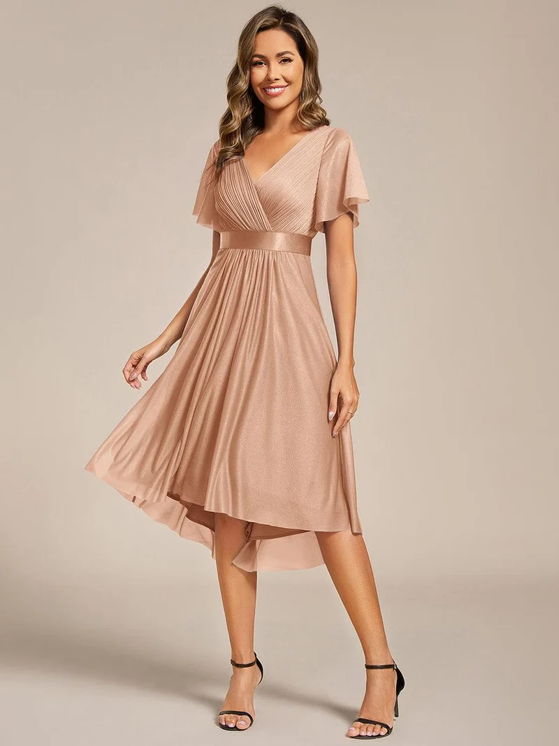 ever SOL|Robe d'invitée de mariage mi-longue plissée à manches courtes et col en V