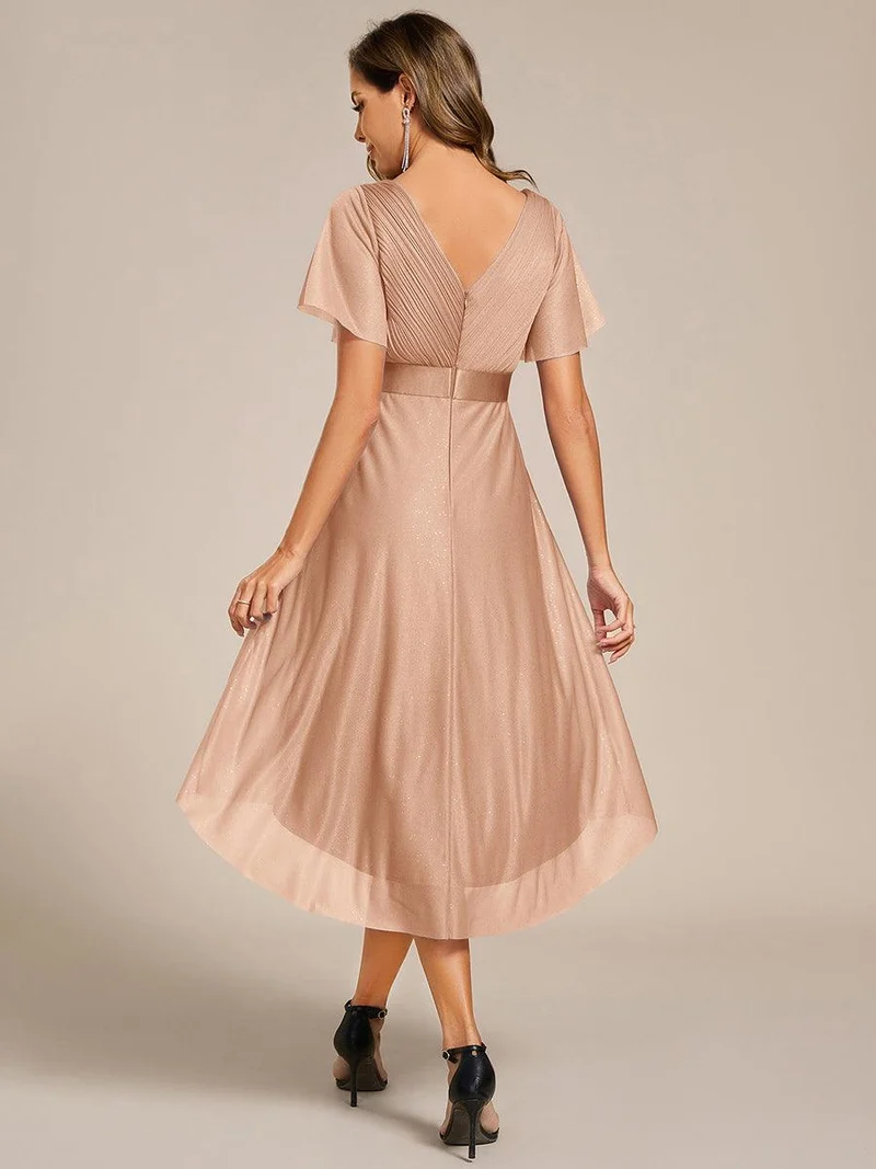 ever SOL|Robe d'invitée de mariage mi-longue plissée à manches courtes et col en V