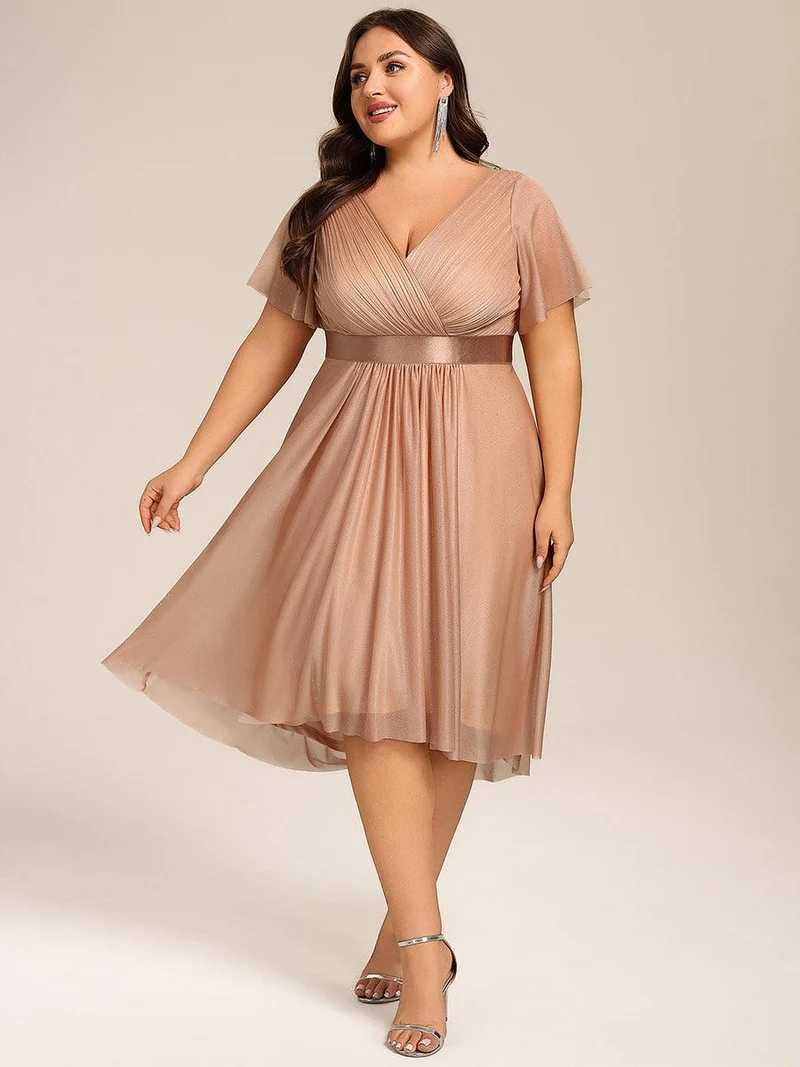 ever SOL|Robe d'invitée de mariage mi-longue plissée à manches courtes et col en V