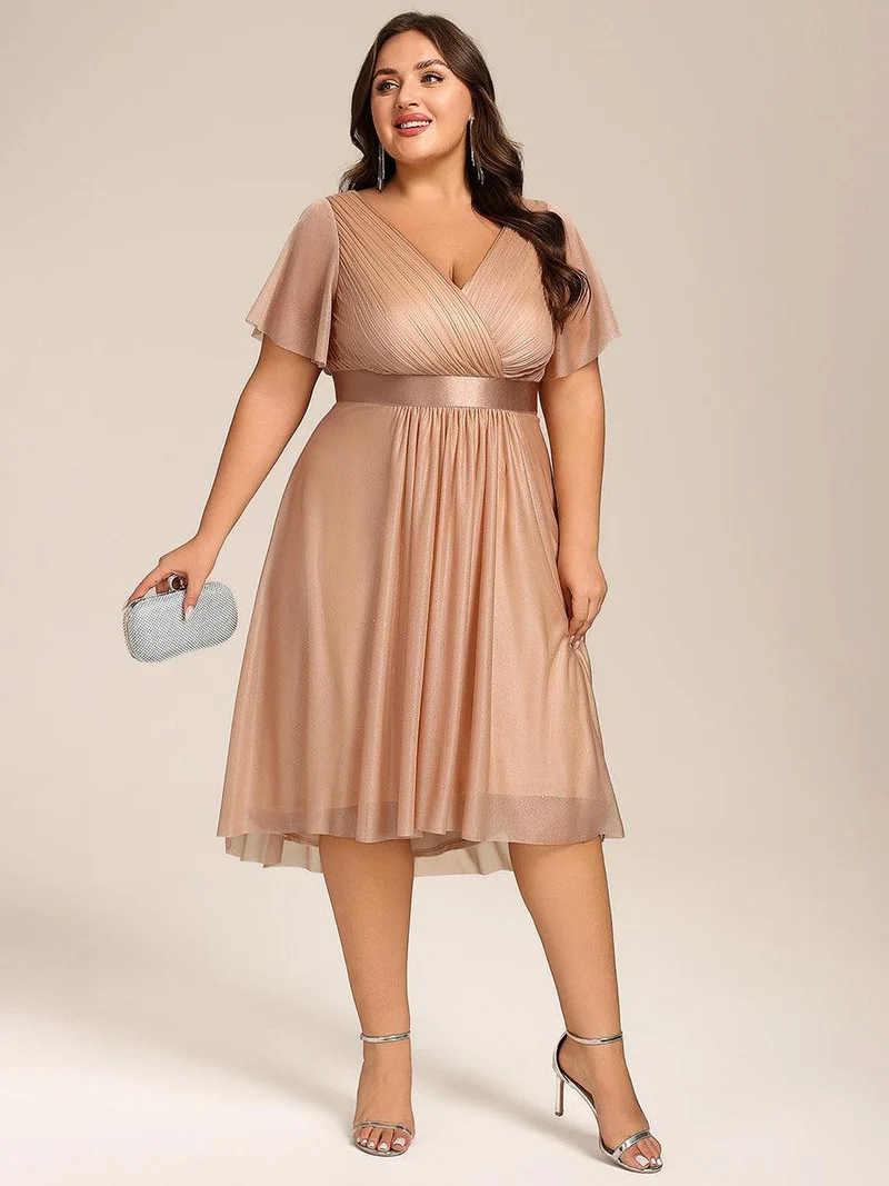 ever SOL|Robe d'invitée de mariage mi-longue plissée à manches courtes et col en V