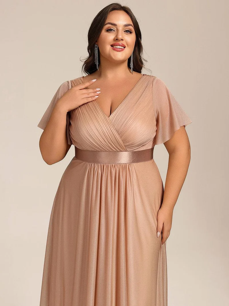 ever SOL|Robe d'invitée de mariage mi-longue plissée à manches courtes et col en V