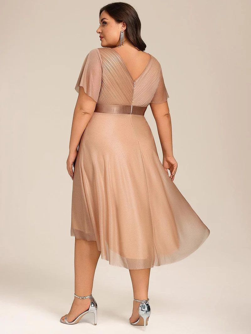 ever SOL|Robe d'invitée de mariage mi-longue plissée à manches courtes et col en V