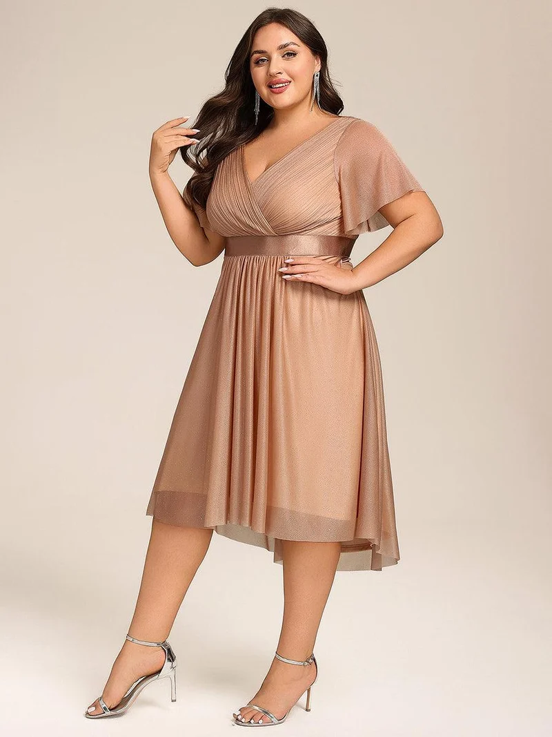 ever SOL|Robe d'invitée de mariage mi-longue plissée à manches courtes et col en V