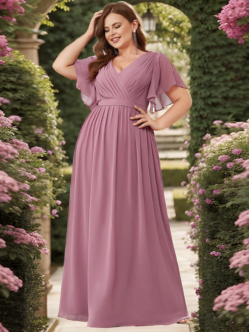 pretty LEORA|Robe de demoiselle d'honneur en mousseline de soie longue de grande taille à encolureen V Maxi