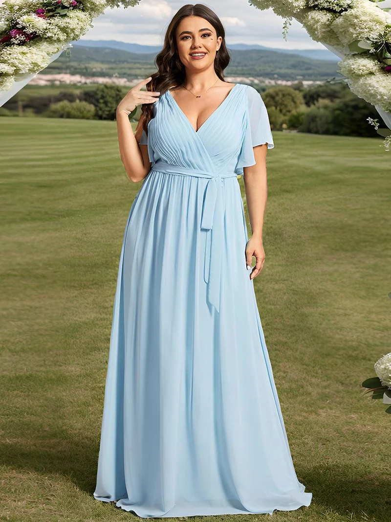 pretty LEORA|Robe de demoiselle d'honneur en mousseline de soie longue de grande taille à encolureen V Maxi