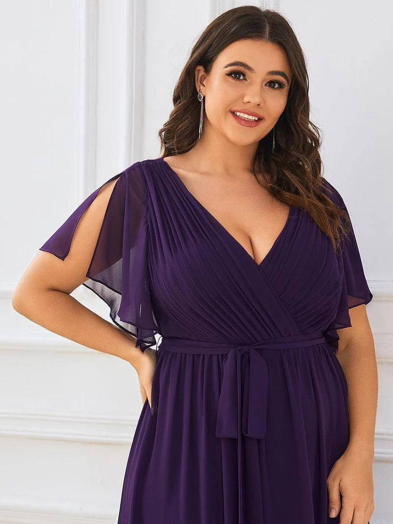 pretty LEORA|Robe de demoiselle d'honneur en mousseline de soie longue de grande taille à encolureen V Maxi