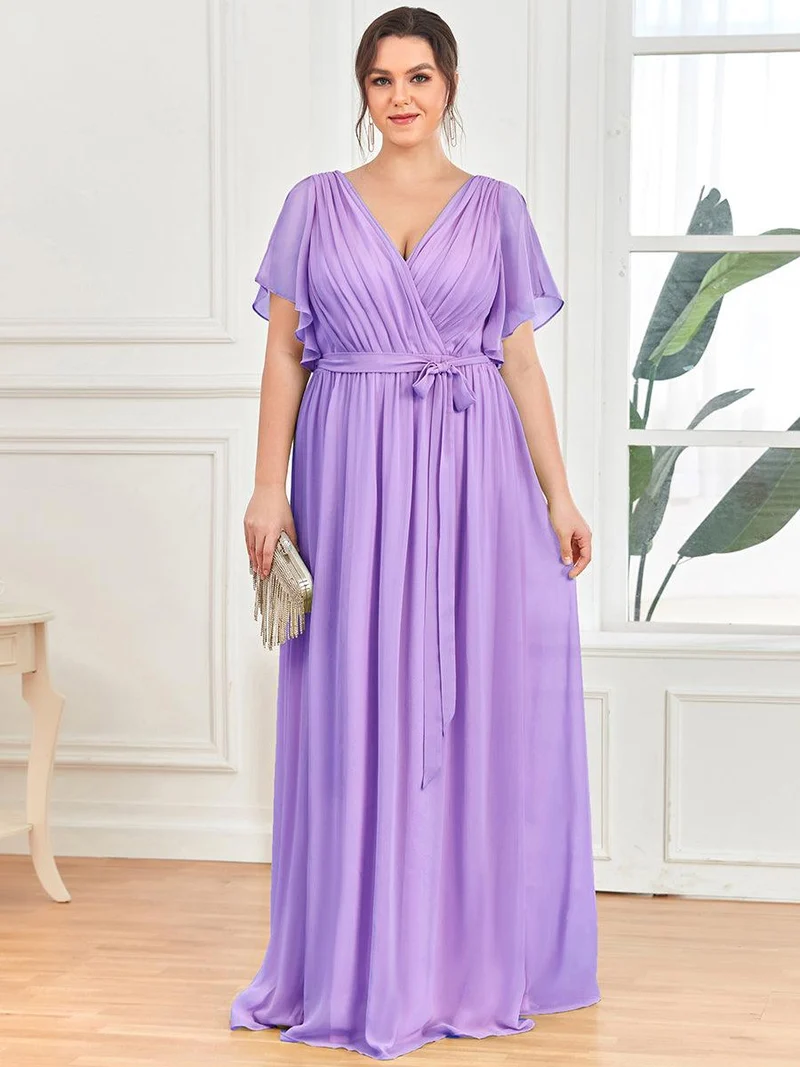 pretty LEORA|Robe de demoiselle d'honneur en mousseline de soie longue de grande taille à encolureen V Maxi