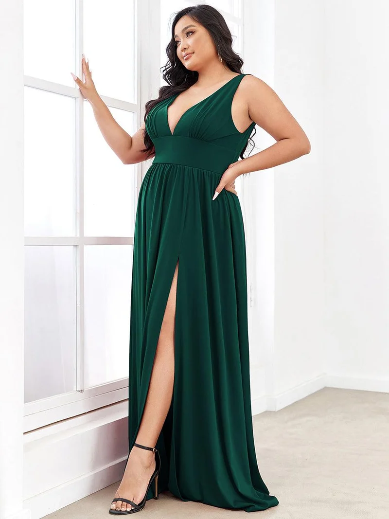 pretty SORAYA|Robe de soirée grande taille sans manches col en v empire fendue au sol