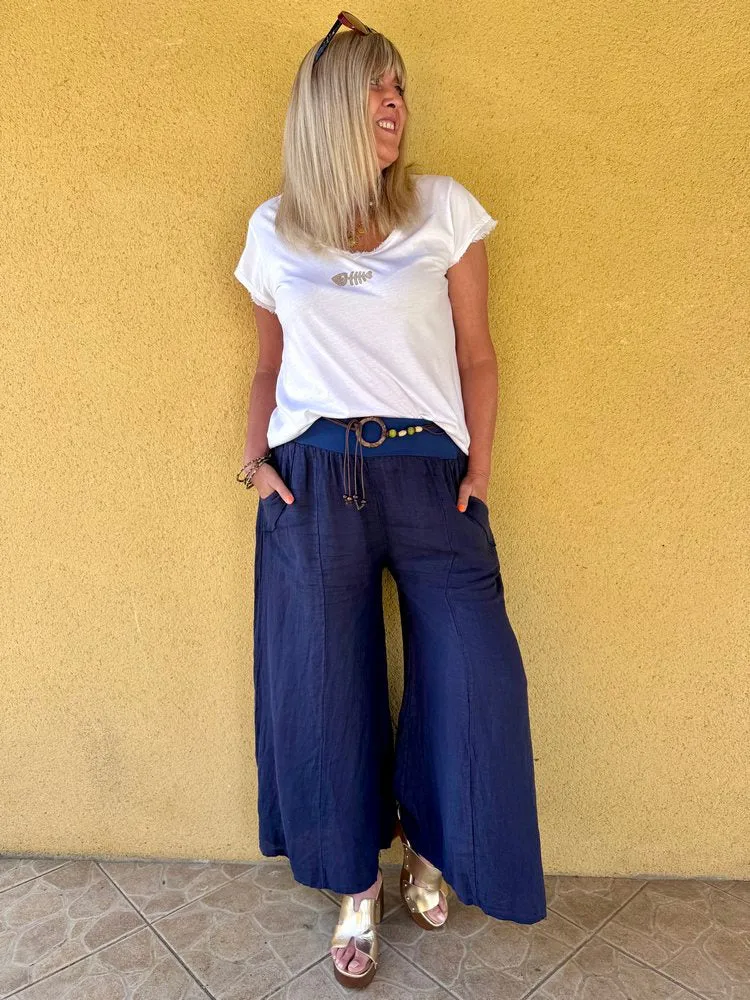 Pantalon ample en lin Félipo bleu marine