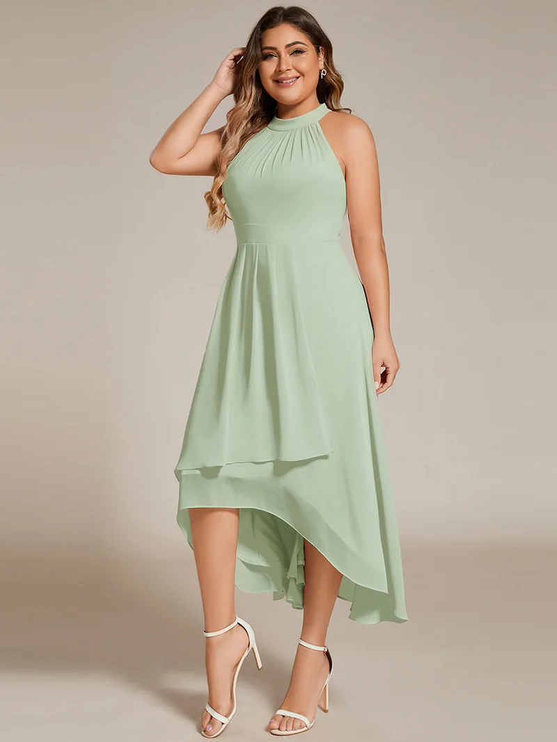 pretty POSIE|Grande Taille Robe d'invité de mariage mi-longue sans manches et col licou en mousseline de soie