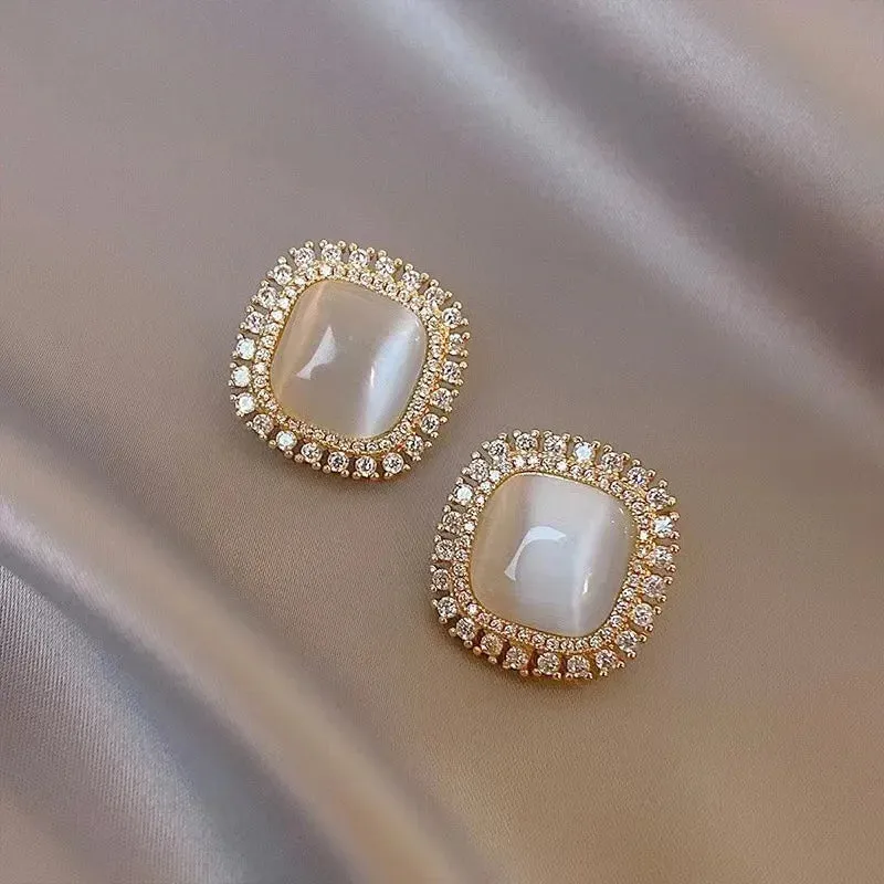 Boucles d'oreilles Chic Carrées avec Opale et Zircons Cubiques