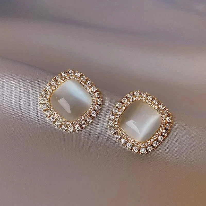 Boucles d'oreilles Chic Carrées avec Opale et Zircons Cubiques