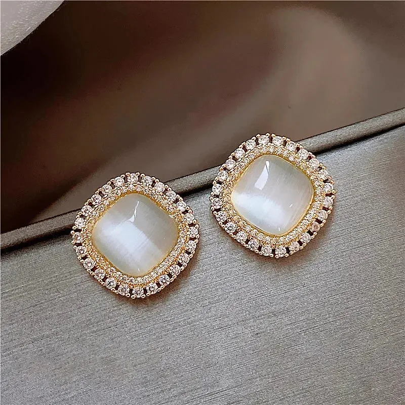 Boucles d'oreilles Chic Carrées avec Opale et Zircons Cubiques