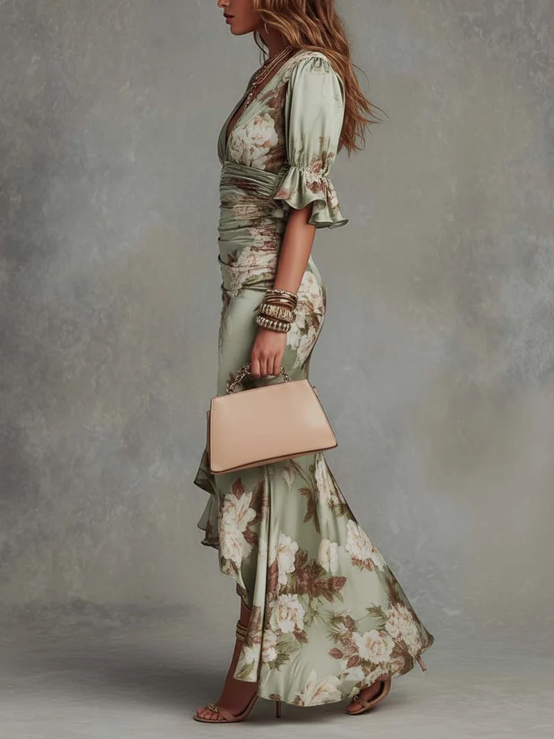 Robe longue asymétrique en satin vert avec décolleté en V - Ana