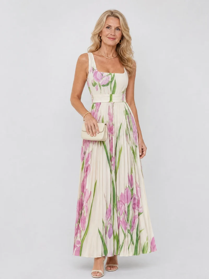 Robe Midi Sans Manches en Satin avec Décolleté Carré et Plis Élégants