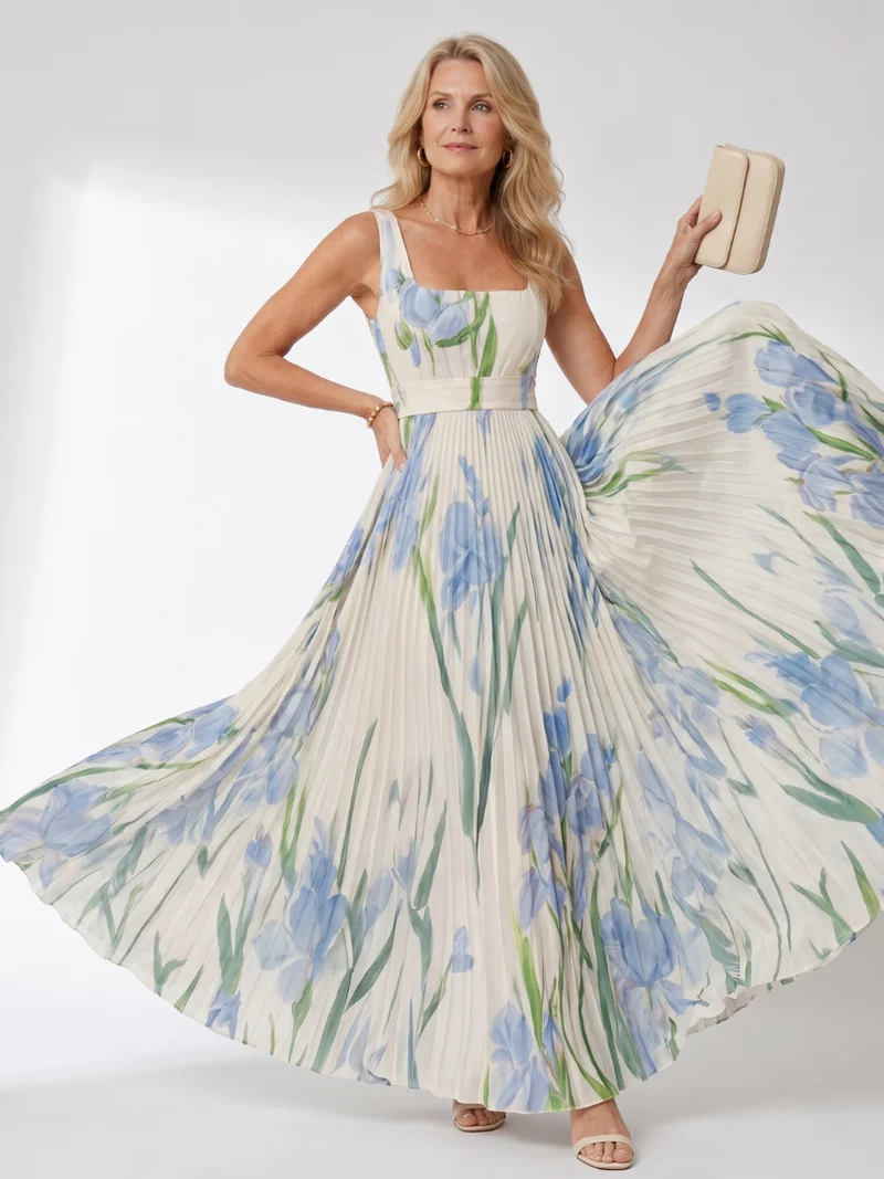 Robe Midi Sans Manches en Satin avec Décolleté Carré et Plis Élégants