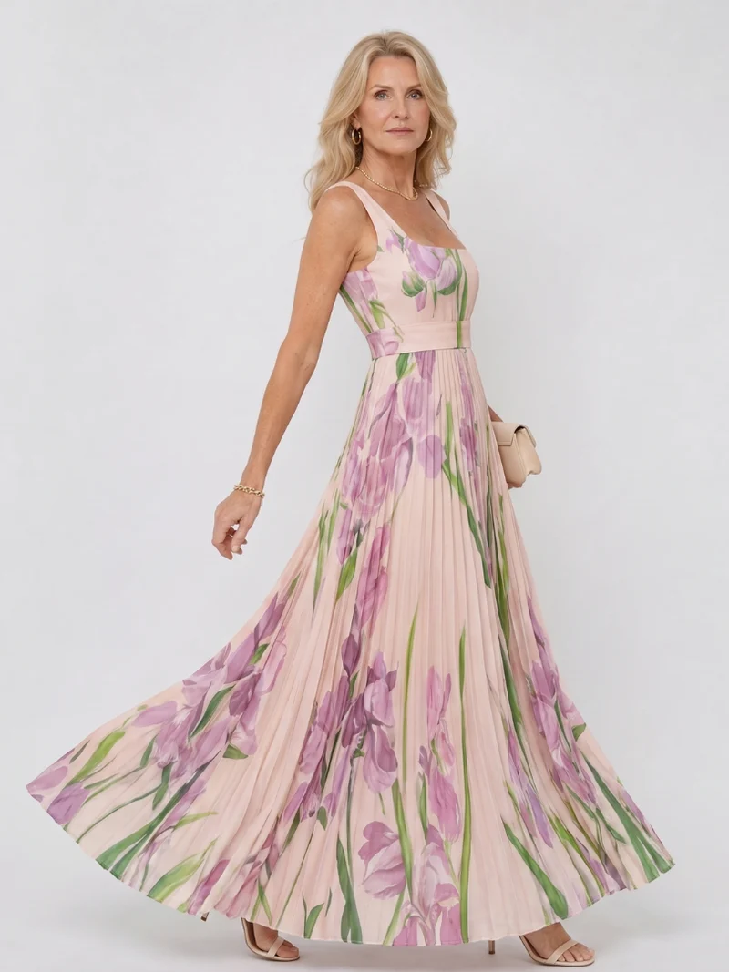 Robe Midi Sans Manches en Satin avec Décolleté Carré et Plis Élégants