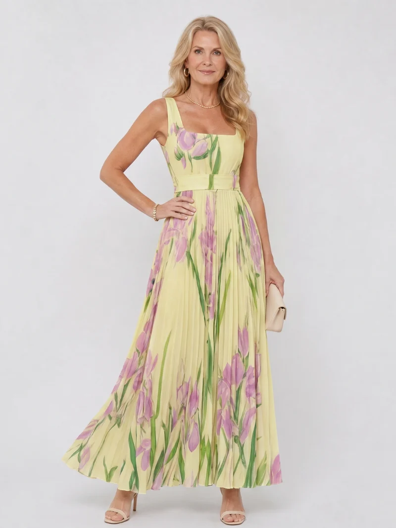 Robe Midi Sans Manches en Satin avec Décolleté Carré et Plis Élégants
