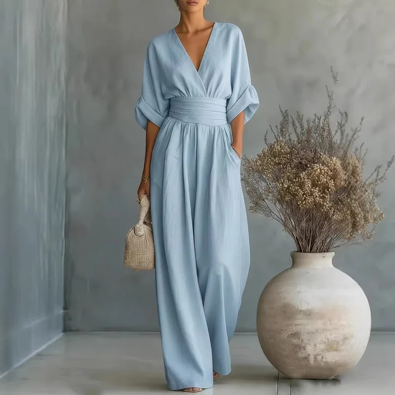 Robe Élégante en V, Dos Nu et Manches Fluides - Maison Claire et Sylvie