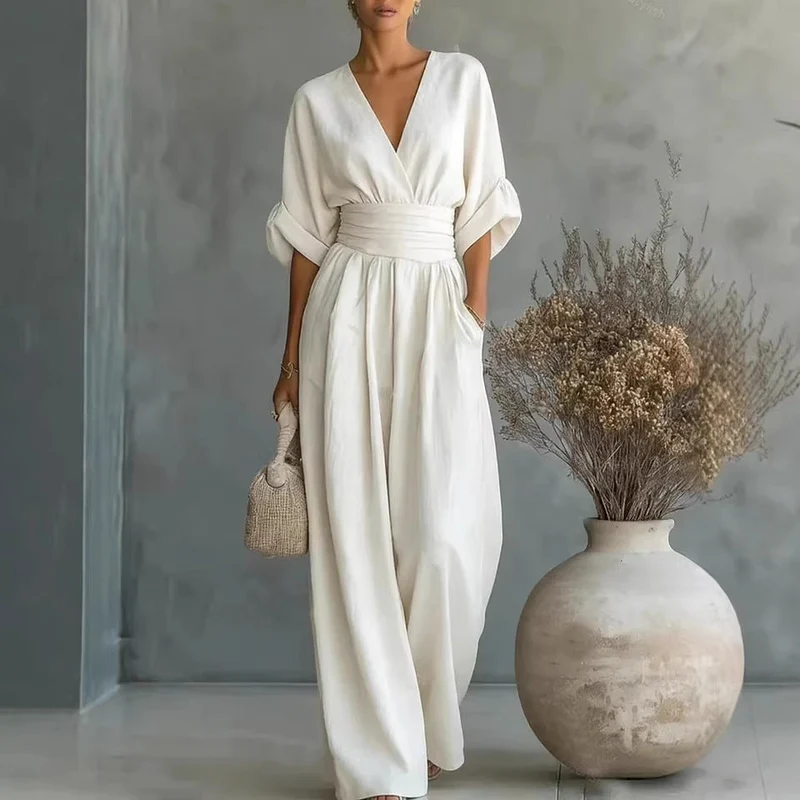 Robe Élégante en V, Dos Nu et Manches Fluides - Maison Claire et Sylvie