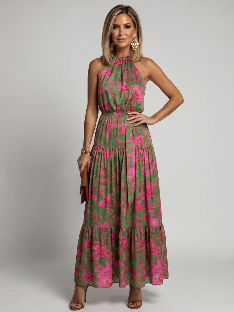 Robe midi drapée en rose avec décolleté halter élégant