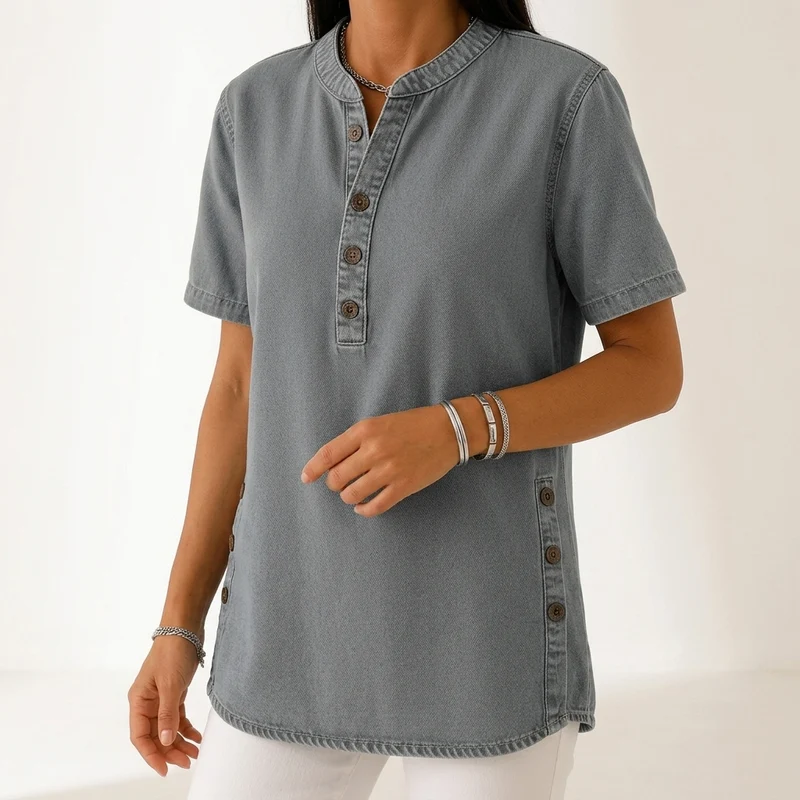 Denimelle™ — Haut effet denim col henley fentes latérales