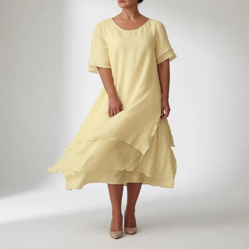 Stratéline™ — Robe midi superposée manches courtes ourlet asymétrique