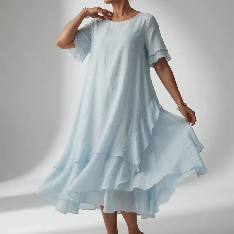 Stratéline™ — Robe midi superposée manches courtes ourlet asymétrique