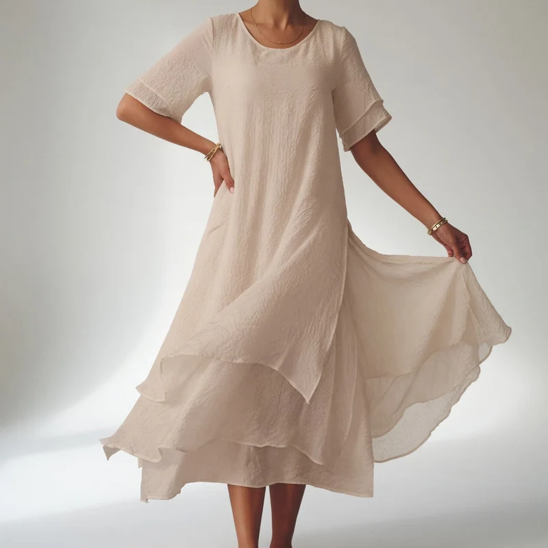 Stratéline™ — Robe midi superposée manches courtes ourlet asymétrique