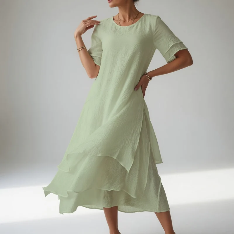 Stratéline™ — Robe midi superposée manches courtes ourlet asymétrique